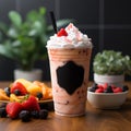 rustic wooden table with a glass of refreshing Frappuccino, and a selection of fresh fruit