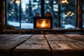 Rustic Wooden Table Mockup with Blurred Cozy Cabin Interior Royalty Free Stock Photo
