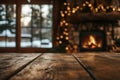 Rustic Wooden Table Mockup with Blurred Cozy Cabin Interior Royalty Free Stock Photo