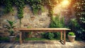 Rustic wooden table set against a lush greenery backdrop with stone wall. Generative AI Royalty Free Stock Photo