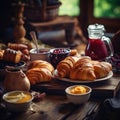 rustic wooden table set with freshly baked croissants, butter, jam, and a pot of steaming tea by AI generated