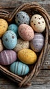 Rustic wooden table sets against pastel Easter eggs with simple stripes and dots Royalty Free Stock Photo