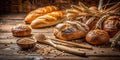 Rustic Wooden Table Setting with Fresh Bread Buns and Grains A Panoramic View for a Cozy Meal Royalty Free Stock Photo