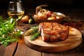 rustic wooden table setting with honey-glazed pork chop Royalty Free Stock Photo