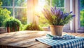 Rustic wooden table setting with lavender and gingham cloth in sunny window. Generative AI Royalty Free Stock Photo