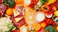 a rustic wooden table, showcasing a colorful arrangement of meat, fish, vegetables, fruits, and milk from an aerial