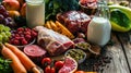 a rustic wooden table, showcasing a colorful arrangement of meat, fish, vegetables, fruits, and milk from an aerial