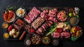 a rustic wooden table, showcasing a colorful arrangement of meat, fish, vegetables, fruits, and milk from an aerial