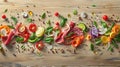 a rustic wooden table, showcasing a colorful arrangement of meat, fish, vegetables, fruits, and milk from an aerial