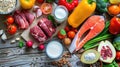 a rustic wooden table, showcasing a colorful arrangement of meat, fish, vegetables, fruits, and milk from an aerial