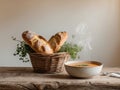 Rustic Wooden Table with Soup and Fresh Bread. Royalty Free Stock Photo