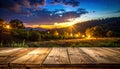 Rustic Wooden Table with Sunset Vineyard Landscape Royalty Free Stock Photo