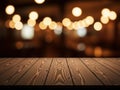 Rustic wooden table surface with warm blurry bokeh lights background for food photography Royalty Free Stock Photo