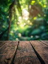 A rustic wooden table surrounded by trees and foliage in a dense forest Royalty Free Stock Photo