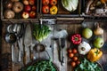A rustic wooden table with various vegetables and fruits, surrounded by kitchen utensils including knives. Ai generated Royalty Free Stock Photo