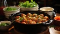 vegetarian bowl of Meat balls in Tomato Sauce on a wooden table with herbs and spices