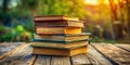 Rustic Wooden Tabletop Displaying a Cozy Stack of Books Ideal for a Home Study Library or Reading Nook Royalty Free Stock Photo