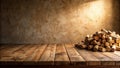 Rustic wooden tabletop with a pile of wine corks against a textured wall background. Generative AI Royalty Free Stock Photo
