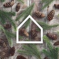 Rustic wooden texture with house shaped paper frame Royalty Free Stock Photo