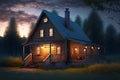 Rustic wooden tiny house in evening in forest Royalty Free Stock Photo