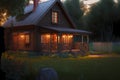 Rustic wooden tiny house in evening in forest Royalty Free Stock Photo