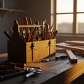 Rustic Wooden Toolbox Filled with Assorted Hand Tools on a Workbench Royalty Free Stock Photo