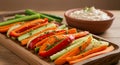 Thinly Sliced Vegetables and Creamy Dip on Rustic Wooden Tray