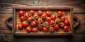 A rustic wooden tray overflowing with vibrant red cherry tomatoes on the vine. Generative AI Royalty Free Stock Photo