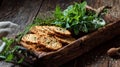 Rustic wooden tray with stack of crispy herb crackers, fresh green mint and dill, coarse salt crystals Royalty Free Stock Photo
