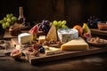 a rustic wooden tray with a variety of artisanal cheeses and fruit for an appetizing cheese plate Royalty Free Stock Photo