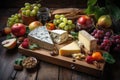 a rustic wooden tray with a variety of artisanal cheeses and fruit for an appetizing cheese plate Royalty Free Stock Photo