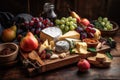a rustic wooden tray with a variety of artisanal cheeses and fruit for an appetizing cheese plate Royalty Free Stock Photo
