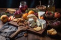 a rustic wooden tray with a variety of artisanal cheeses and fruit for an appetizing cheese plate Royalty Free Stock Photo