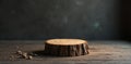 Rustic wooden tree stump display on weathered table with scattered small objects. Generative AI Royalty Free Stock Photo
