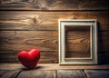 Rustic Wooden Valentines Day Background Empty Photo Frame with Red Heart Silhouette Perfect for Invitations Cards and Royalty Free Stock Photo