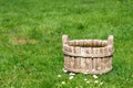 Rustic wooden water bucket on green grass field and wild Paralute Bellis perennis