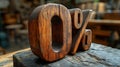 Rustic wooden zero percent sign, workshop background, interest rate concept Royalty Free Stock Photo