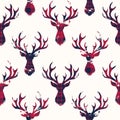 Blue and Red Checks Textured Silhouettes of a Deer Heads on White Background Vector Seamless Pattern Royalty Free Stock Photo