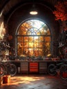 Rustic workshop bathed in autumnal sunlight streaming through a large arched window. Bikes lean against the workbench, tools