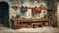 Rustic Workshop Interior with Saddles and Tools on Wooden Table Royalty Free Stock Photo