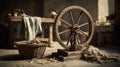 Rustic workshop scene, centered on a large wooden spinning wheel, dim lighting, linen & baskets Royalty Free Stock Photo