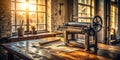 A rustic workshop scene featuring an antique paper rolling machine illuminated by golden hour sunlight. Generative AI Royalty Free Stock Photo