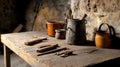 Rustic Workshop Still Life Old Tools and Pottery on Wooden Royalty Free Stock Photo