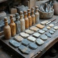 Rustic workshop table with stone and wood carving tools Royalty Free Stock Photo