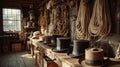 Rustic Workshop with Vintage Hats and Rope Decorations Royalty Free Stock Photo