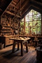 rustic workshop with woodworking tools