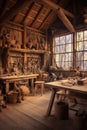 rustic workshop with woodworking tools