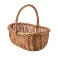 A rustic woven willow picnic basket with a curved handle isolated on white background Royalty Free Stock Photo