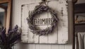 Rustic wreath hanging on old fashioned door, a homemade decoration generated by AI