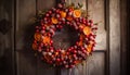 Rustic wreath of holly and berries hanging generative AI